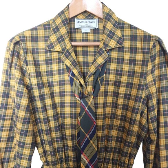 Vintage Jackie Taub For Connections Yellow & Black Plaid Shirt Dress Size 12 - Picture 2 of 7